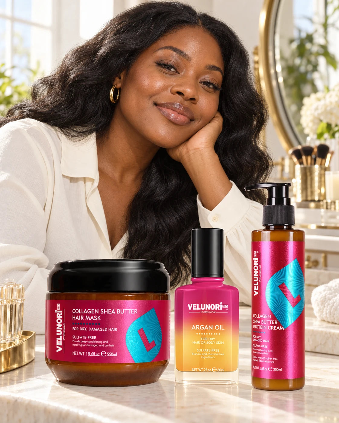 VELUNORI campaign: woman with dark waves beside the original pink and turquoise three-piece haircare set