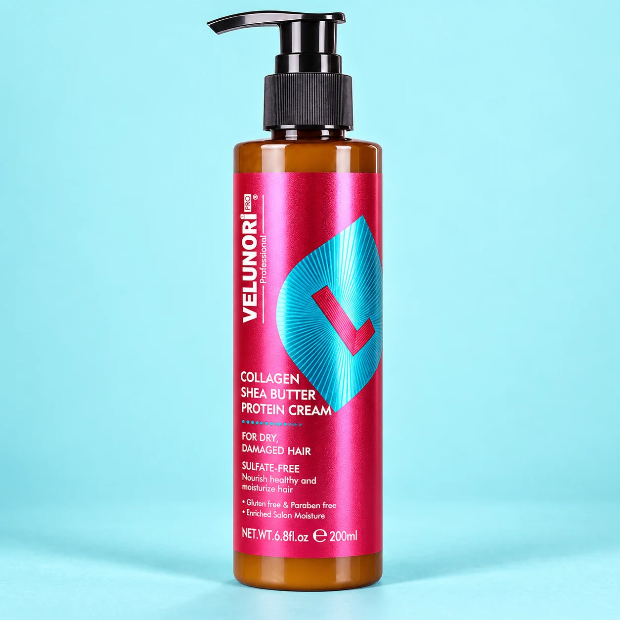 Collagen & Shea Protein Cream in the original VELUNORI pink and turquoise packaging