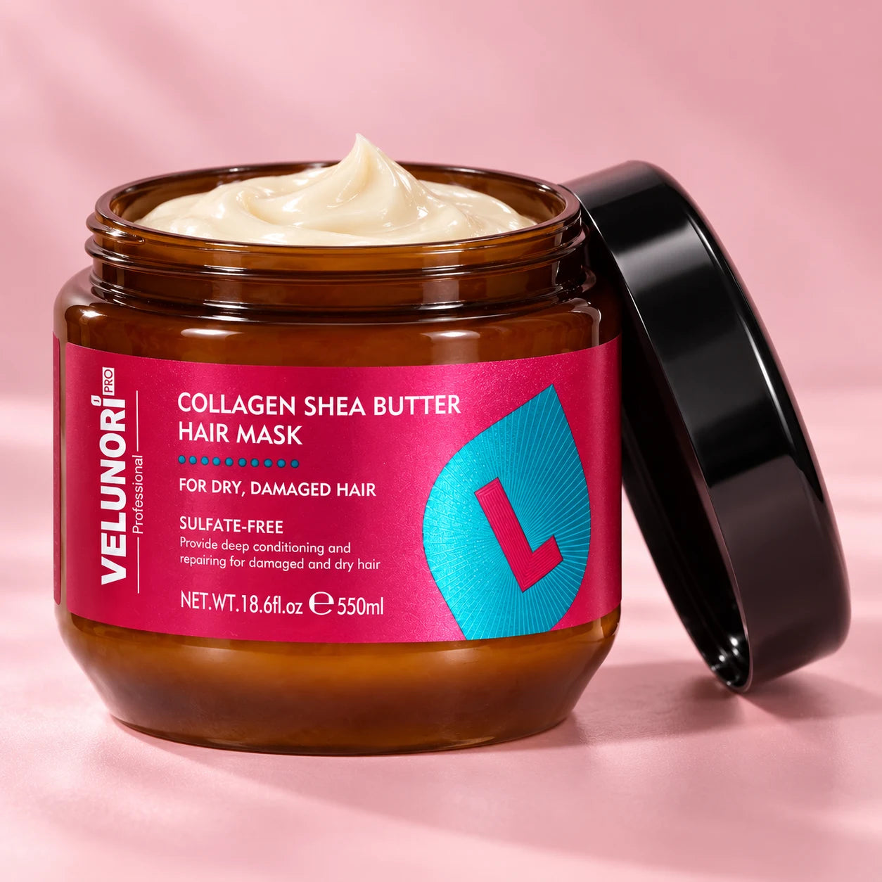 Collagen & Shea Hair Mask in the original VELUNORI pink and turquoise packaging