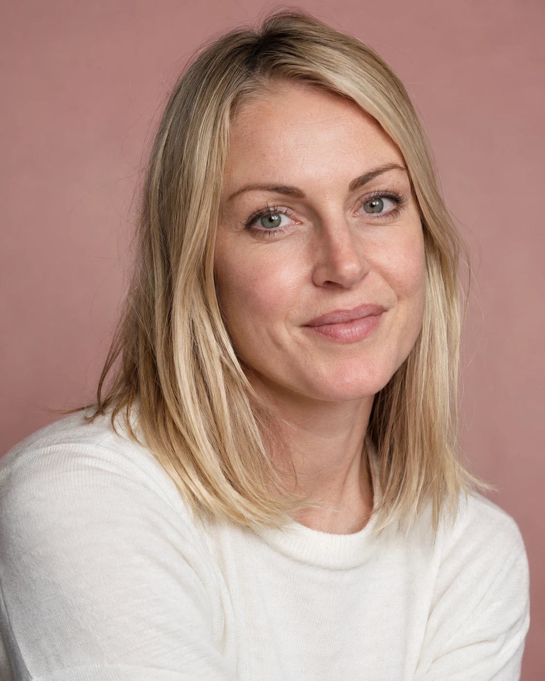 Illustrative portrait of a woman with straight blonde hair