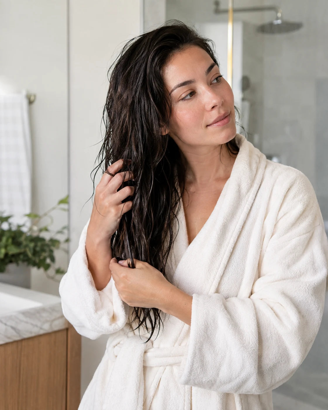 Illustrative wash-day scene of a woman gently combing her damp hair